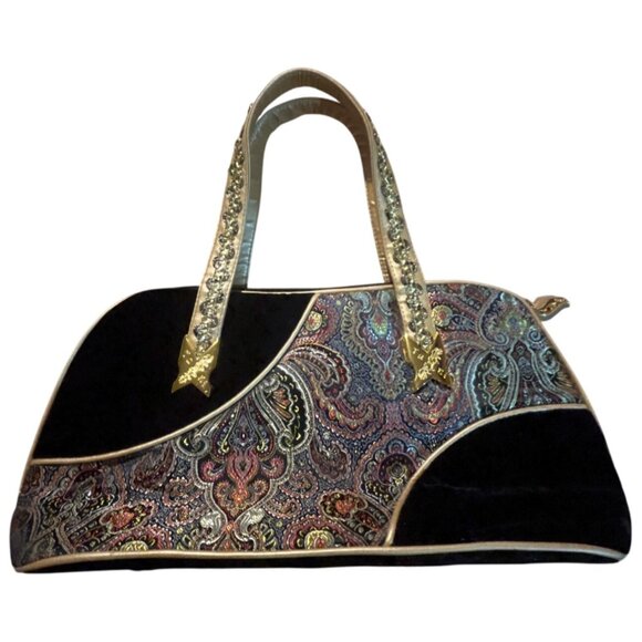 Yani Black Velvet & Gold Paisley Handbag With Decorative Straps & Elegant Detail - Picture 2 of 9